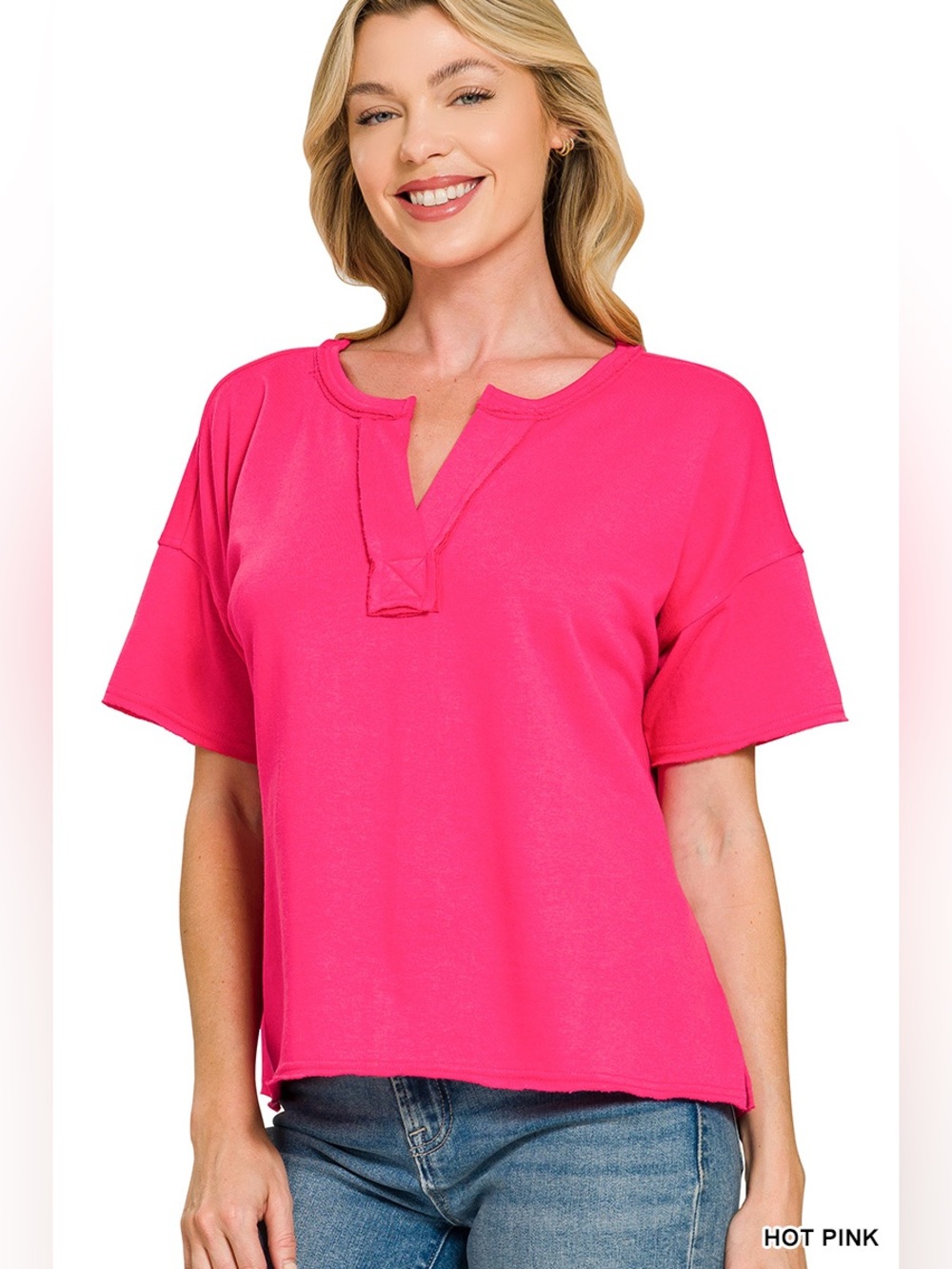 Zenana Hot Pink French Terry Split Neck Exposed Seam Top